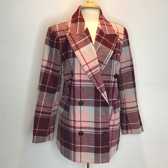 7 For All Mankind Double Breasted maroon/burgundy plaid wool blend blazer M NWT - Picture 1 of 12